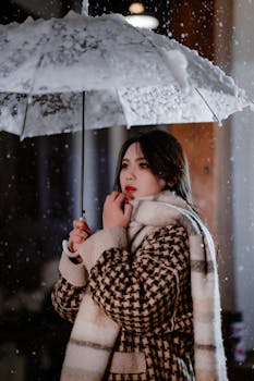 A woman stands under a snow-covered umbrella during a snowstorm, wearing a plaid coat and scarf.