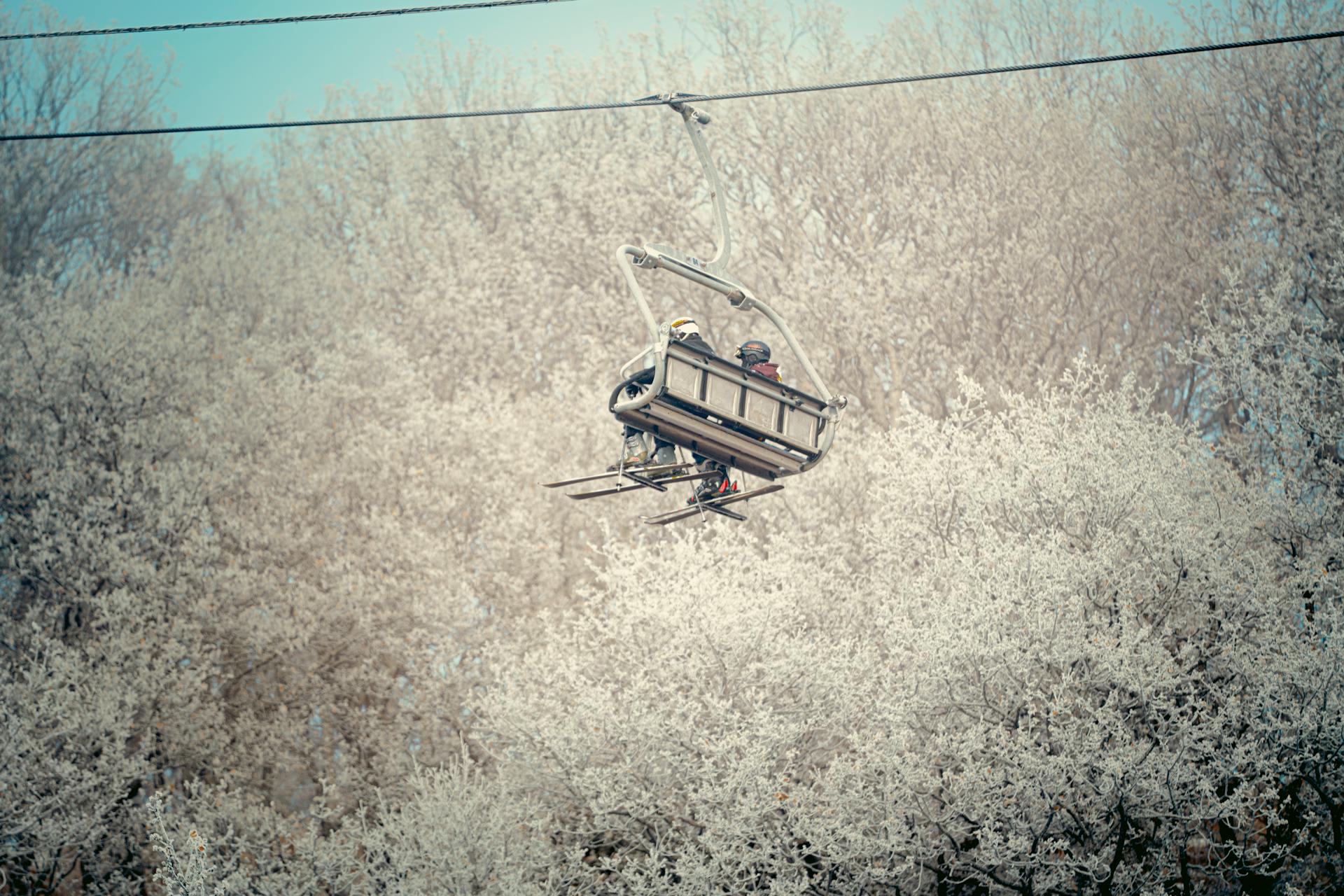 Scenic ski lift ride through snow-dusted forest, capturing winter's serene beauty.