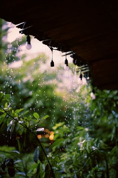 Captivating rain falling from a roof adorned with lights, set against lush greenery in Hanoi, Vietnam.