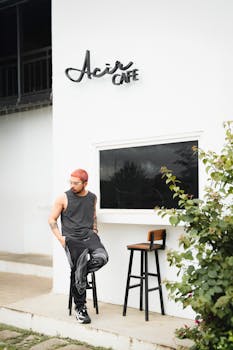 Young man in trendy outfit sitting outside a minimalist cafe.