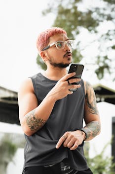 Young man with tattoos using smartphone, wearing glasses with pink hair, looking thoughtful outdoors.
