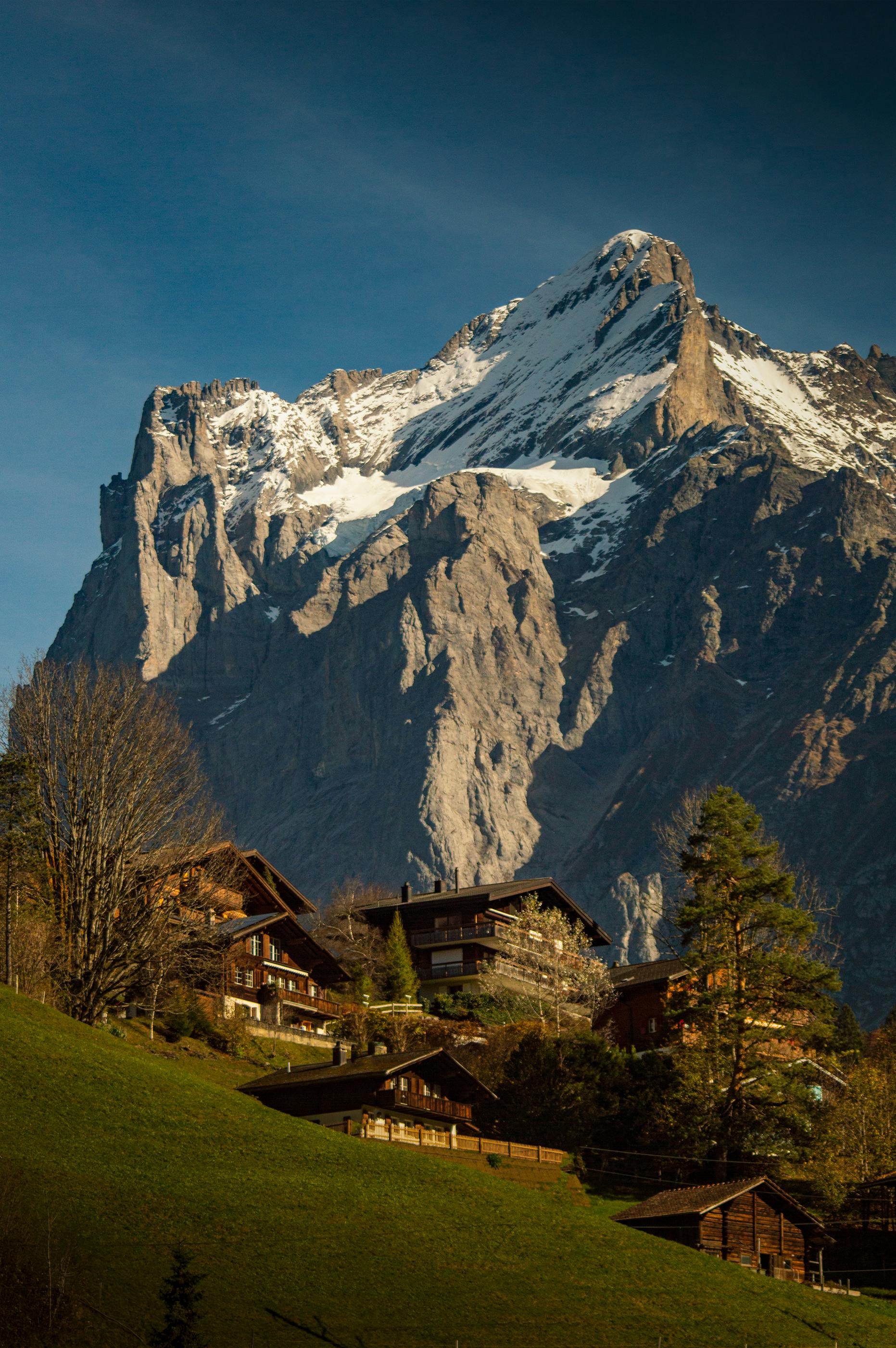 Scenic view of Swiss Alps with rustic wooden chalets and lush green landscape.
