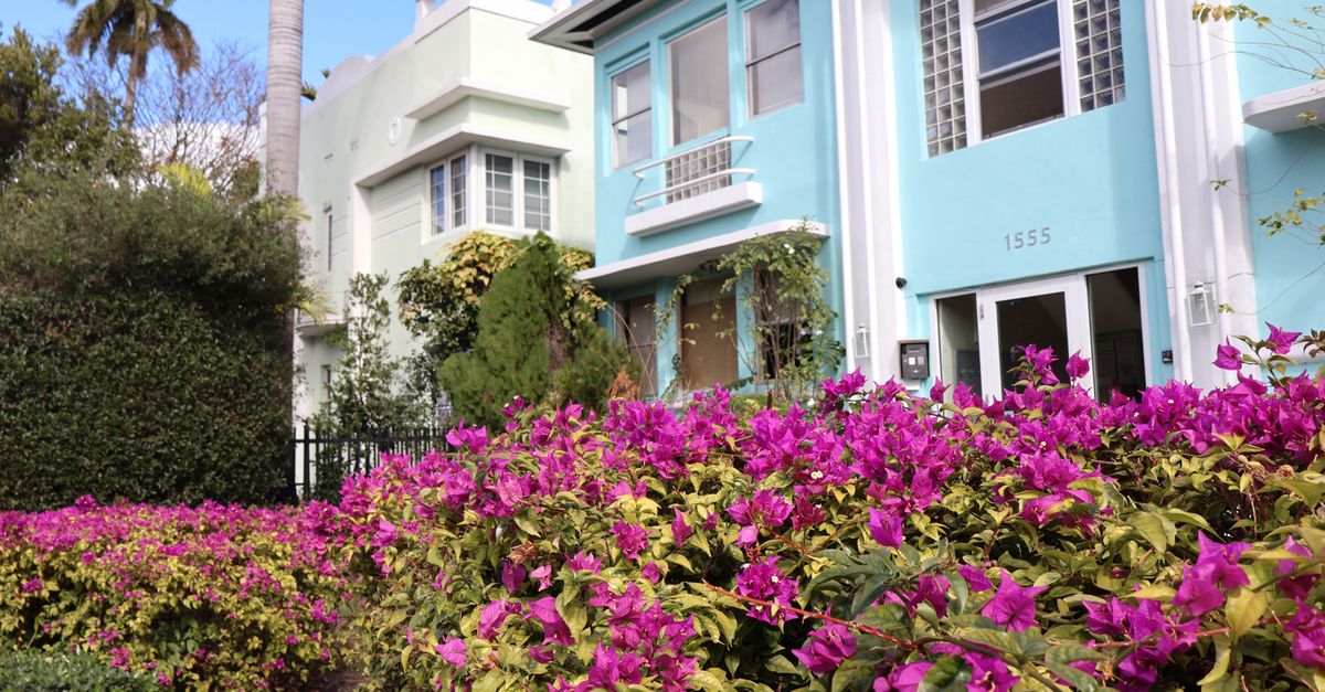 Art Deco architecture with vibrant bougainvillea in a sunny garden setting.