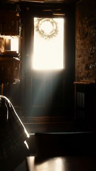 Warm sunlight streaming through a door with wreath in a rustic room.