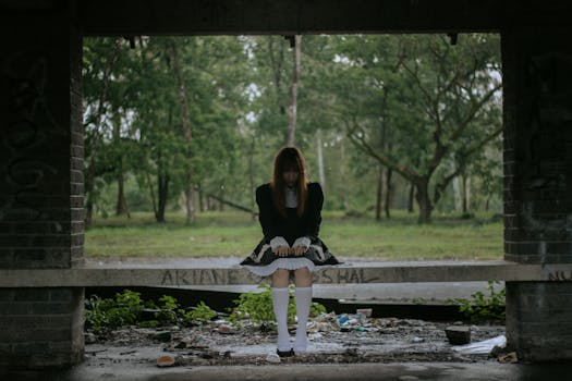 一位身穿黑色连衣裙的年轻女子坐在森林里的废弃长凳上，营造出喜怒无常的氛围