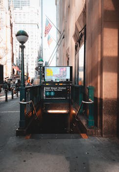 Wall Street subway entrance in New York City featuring American flags and urban architecture.