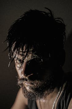 A dramatic studio portrait of a bearded man with intense facial expression and moody lighting.