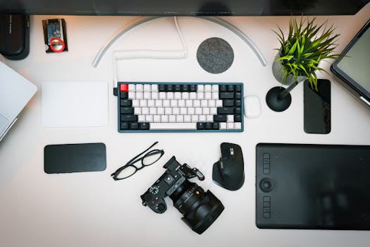 Top view of a modern workspace featuring a camera, keyboard, and digital tools.