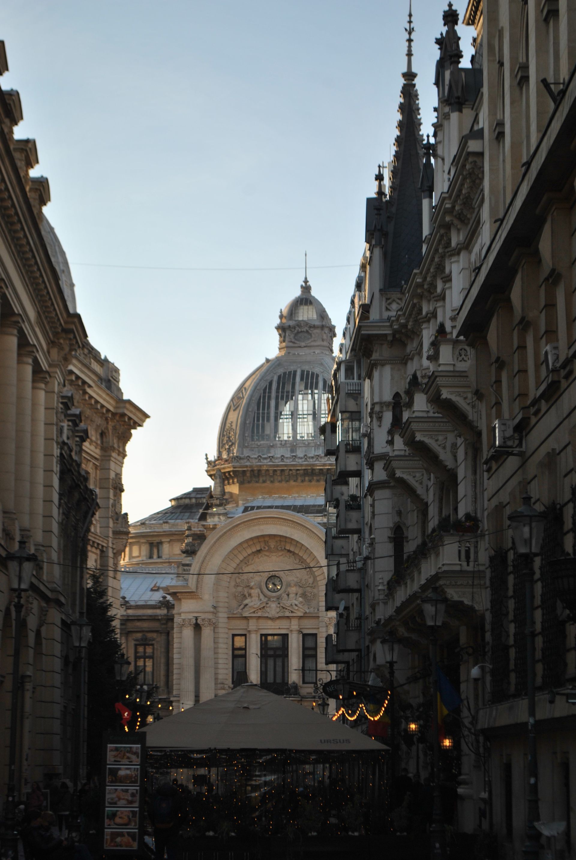Historic architecture in central Bucharest at twilight.