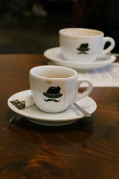 Two stylish coffee cups with a mustache design on a wooden table, perfect for cafes and lifestyle themes.