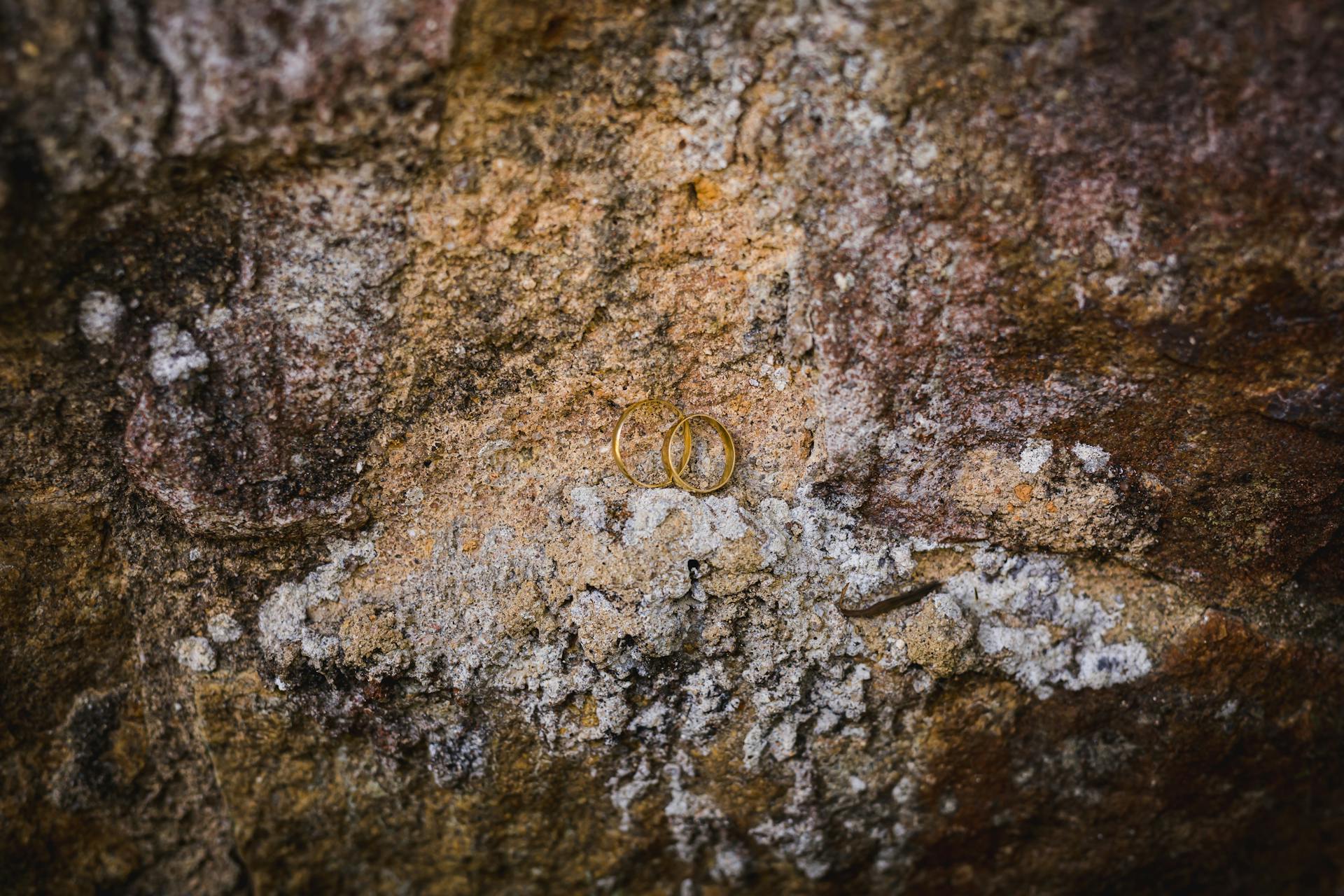 Close-up of two gold wedding rings on a textured rock, symbolizing unity and love.