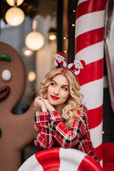 Cheerful woman in festive attire with candy cane and gingerbread decor