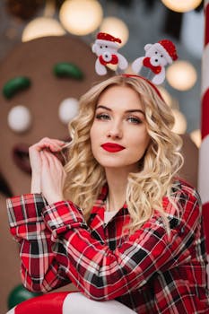 Blonde woman in festive attire celebrates Christmas in style.
