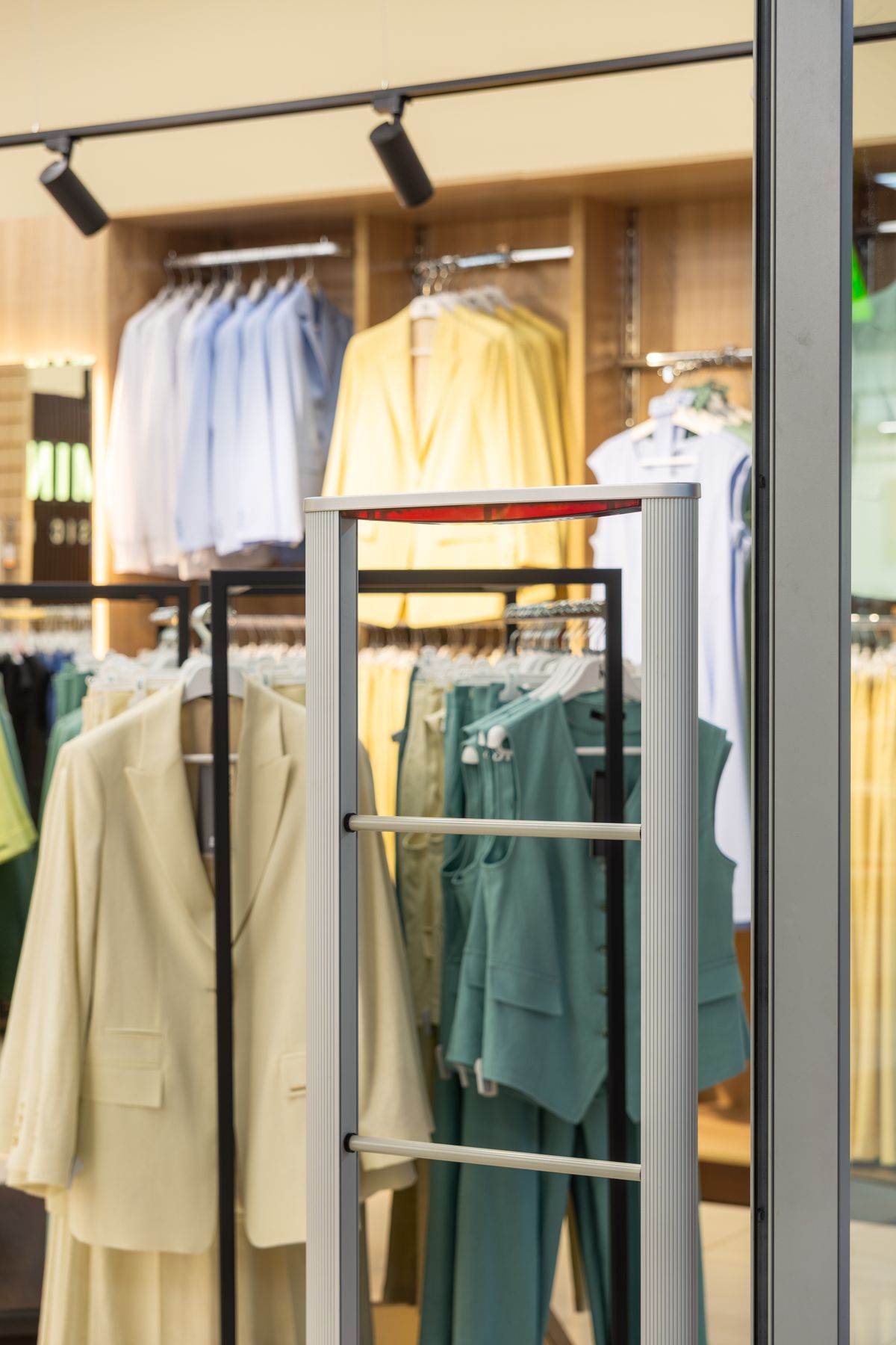 Electronic anti-theft security gates at the exit of a retail clothing store