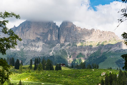 Breathtaking view of the Dolomites with lush greenery in Trentino-South Tyrol, Italy.
