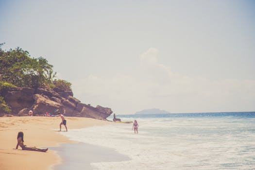 在热带海滩，人们享受着阳光明媚的一天，欣赏着海浪和岩石悬崖的风景