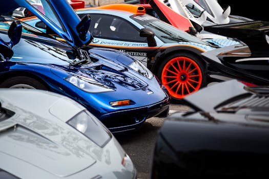 A vivid showcase of high-performance sports cars with unique designs and colors.