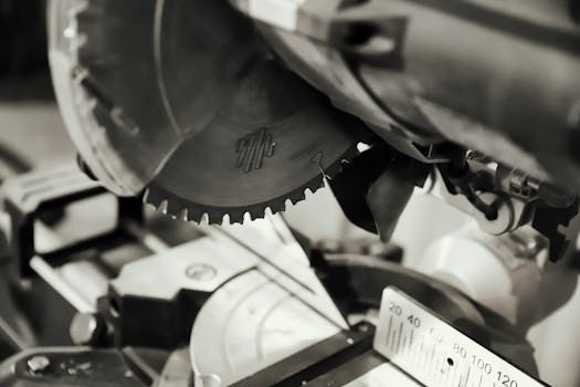 Ripresa dettagliata di una sega circolare in un ambiente da officina, ideale per temi fai da te e industriali.