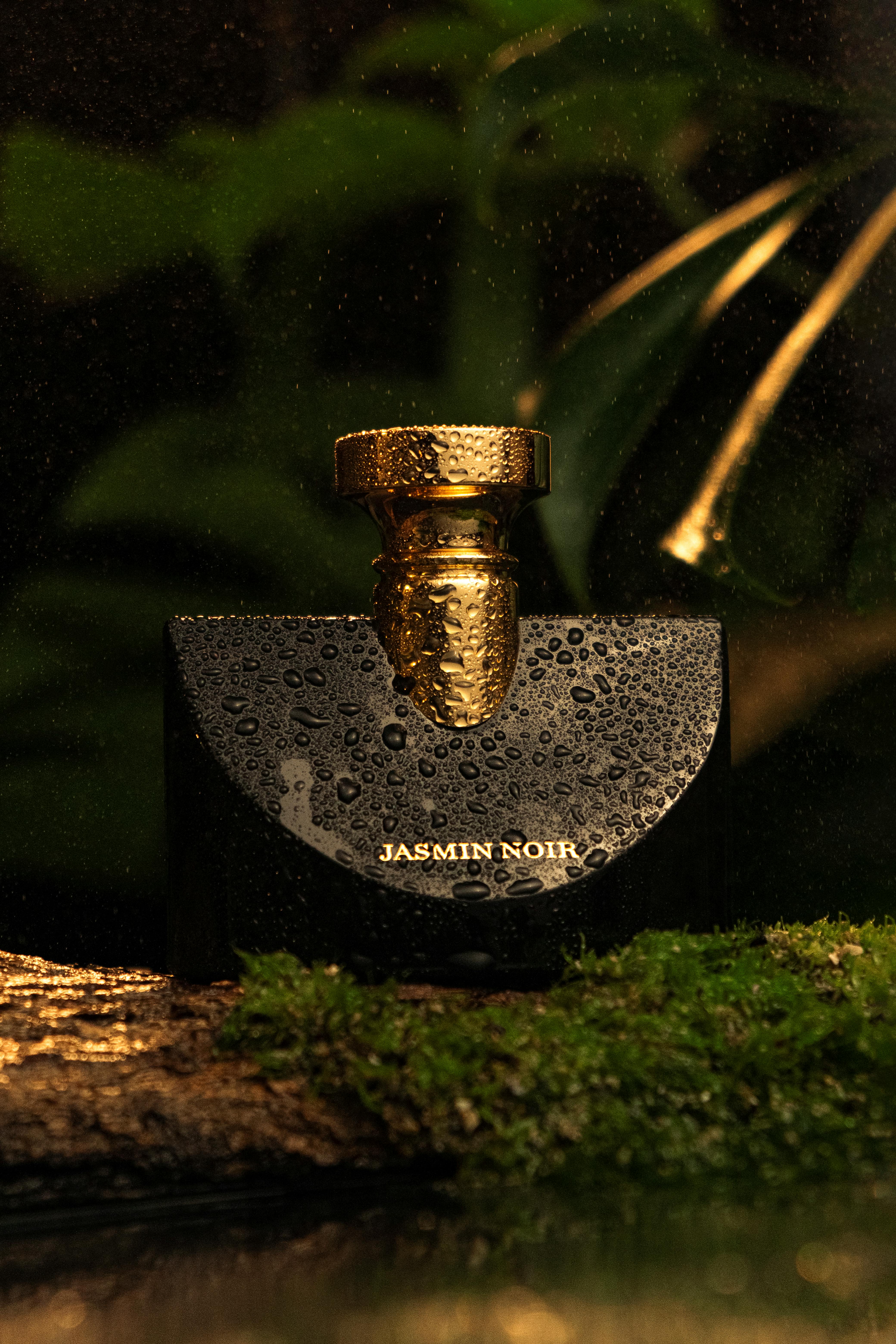 Elegant black perfume bottle with raindrops against lush green backdrop.