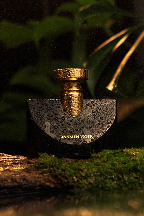 Free Elegant black perfume bottle with raindrops against lush green backdrop. Stock Photo