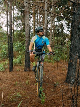 A cyclist in gear explores a scenic forest trail on a mountain bike, embracing adventure and nature.