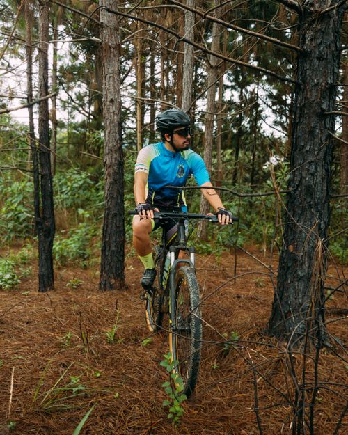 Free Man enjoys mountain biking adventure through dense forest trails. Stock Photo