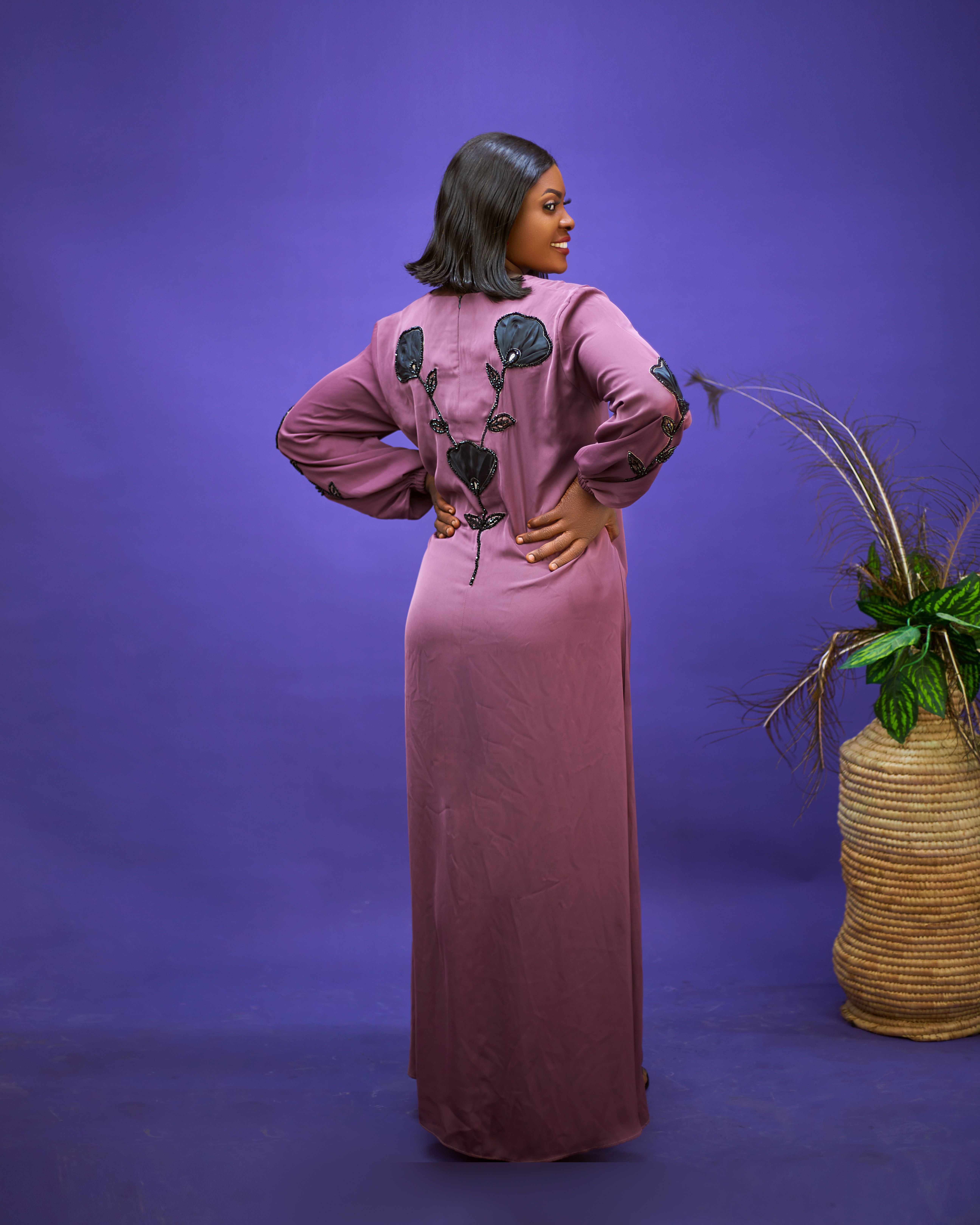 Floor Length Mauve Mirror Work Embellished Flared Gown main image 1