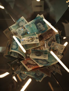 A collection of British pound notes and coins stacked inside a glass container.