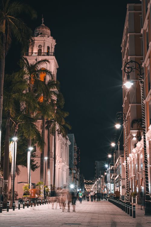 Free A bustling city street at night with illuminated buildings and a lively atmosphere. Stock Photo
