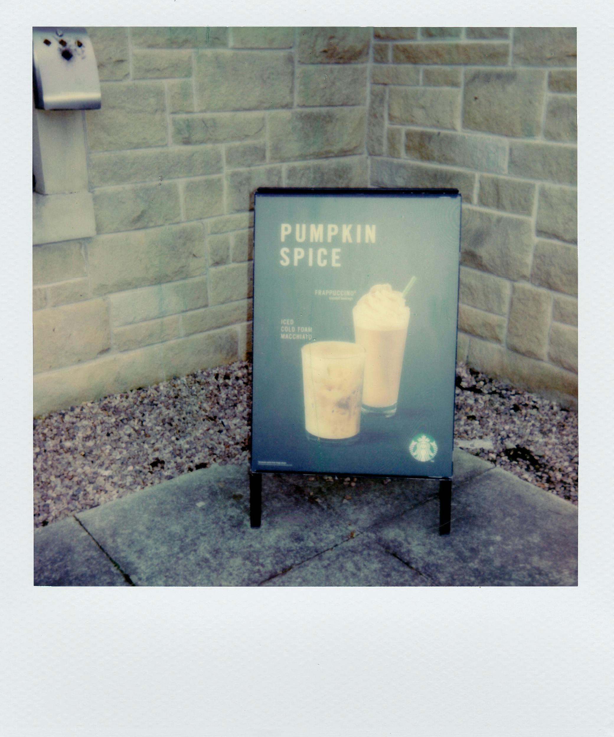 Polaroid photo of a coffee shop's pumpkin spice sign against a stone wall.