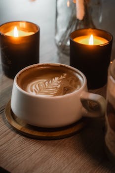 A warm latte with artistic foam surrounded by flickering candles, creating a cozy and serene atmosphere.