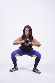Woman performing a squat exercise, focusing on fitness and strength training.