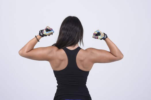 Back view of a woman flexing her muscles, showcasing strength and fitness.