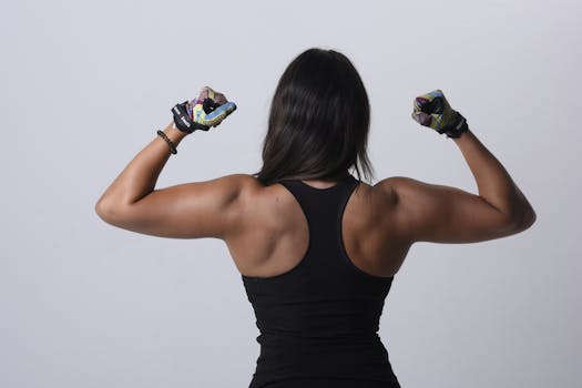Back view of a female athlete flexing arms wearing colorful fitness gloves against plain background.