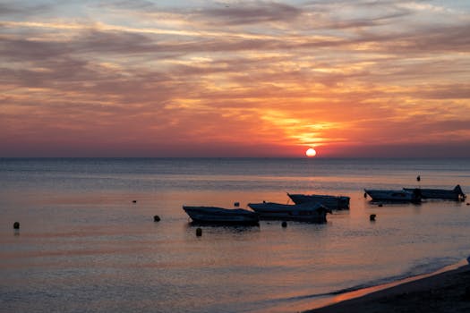 Tranquil boats on İstanbul's coast during a vivid sunset, offering a relaxing scenic view.