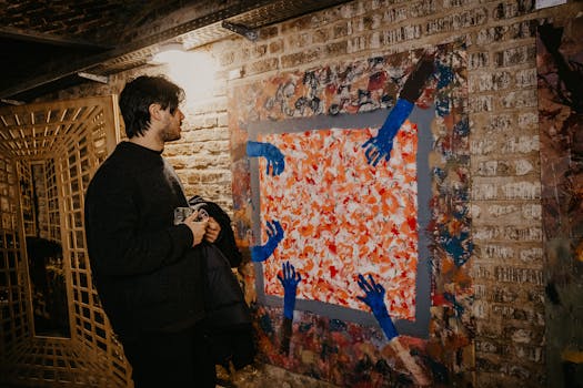 Un uomo studia un dipinto dai colori vivaci raffigurante delle mani blu in una galleria d'arte di Berlino.