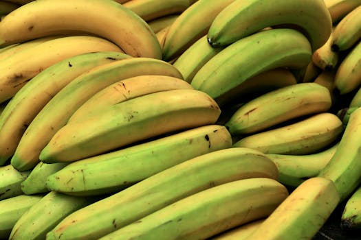 Close-up of a fresh pile of ripe yellow and unripe green bananas, showcasing abundance of healthy tropical fruit.