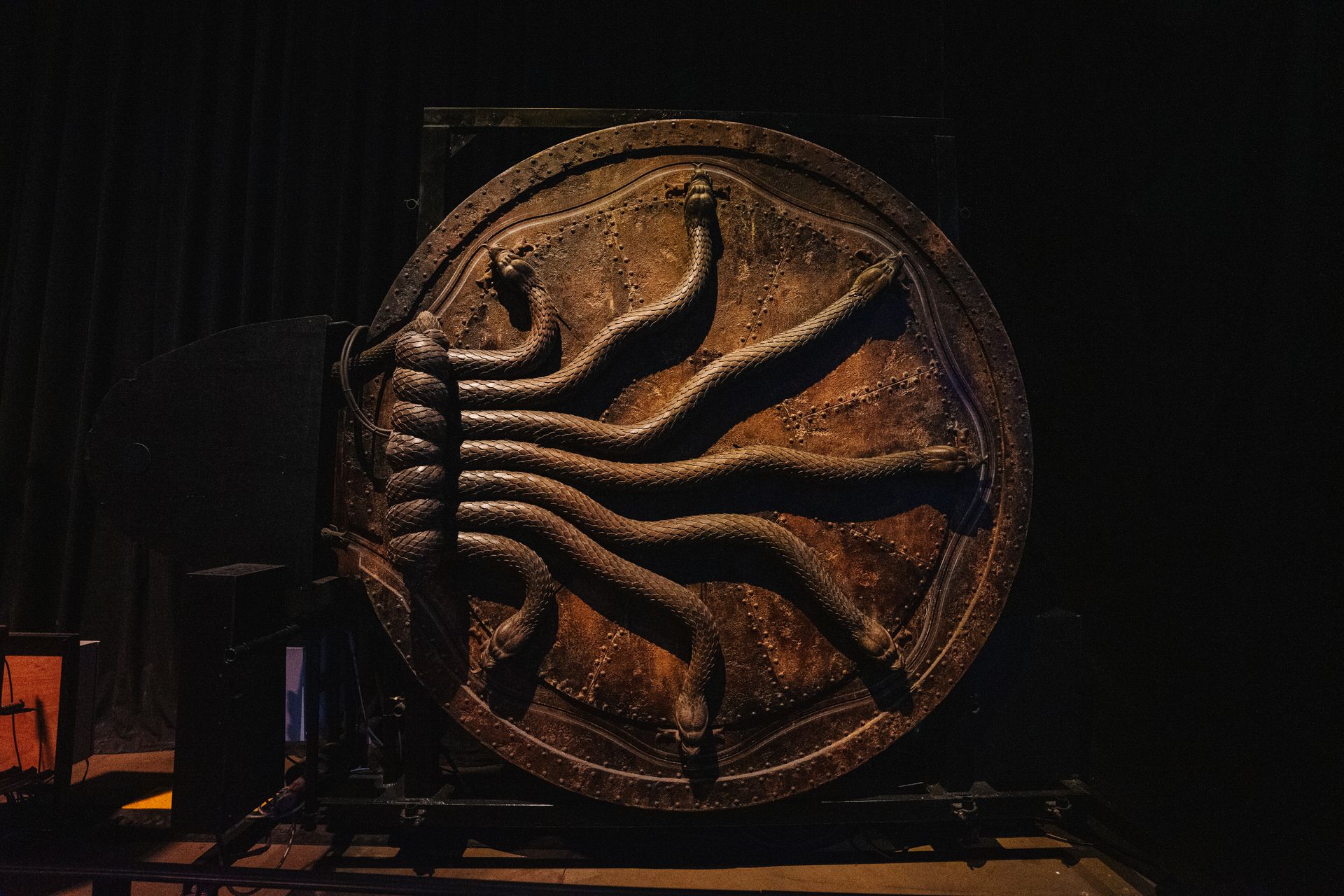 Close-up of a vintage door with an artistic snake design under dim lighting.