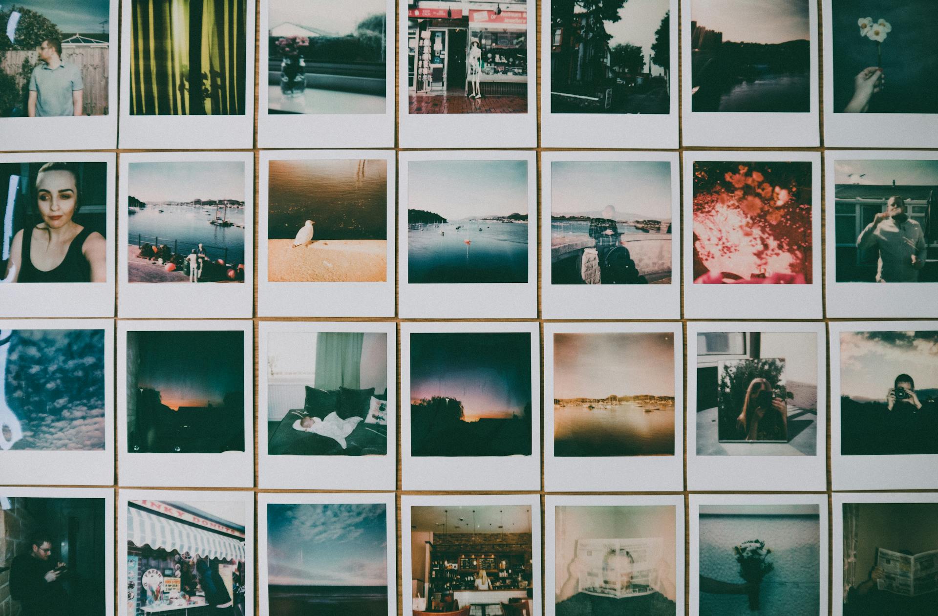 A photo collage grid with polaroid photos and vintage memories on a wall