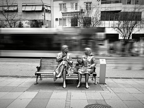 Artistic black and white photo of sculptures on a bench in Eskişehir, Türkiye, with motion blur background.