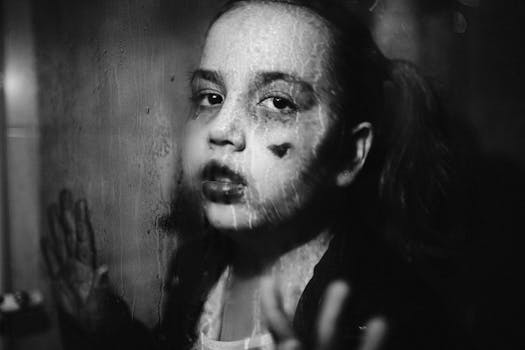 Black and white photo of a child with makeup looking through glass, evoking mystery and emotion.