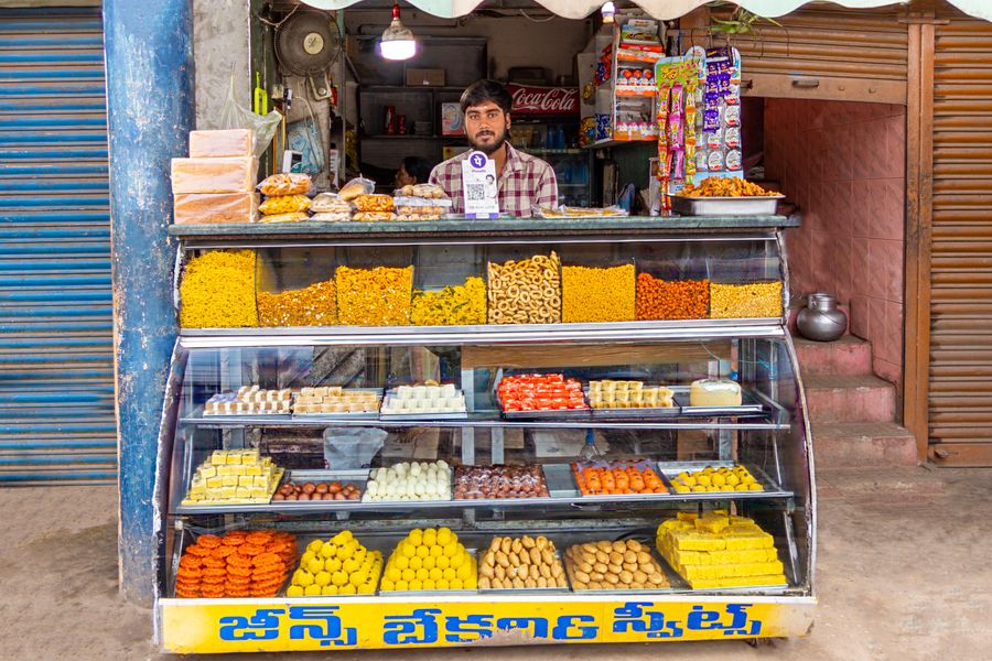 Indian sweets displayed at a local shop