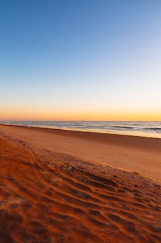 A tranquil sunrise over Ormond Beach, showcasing a calm ocean and scenic sandy shore.