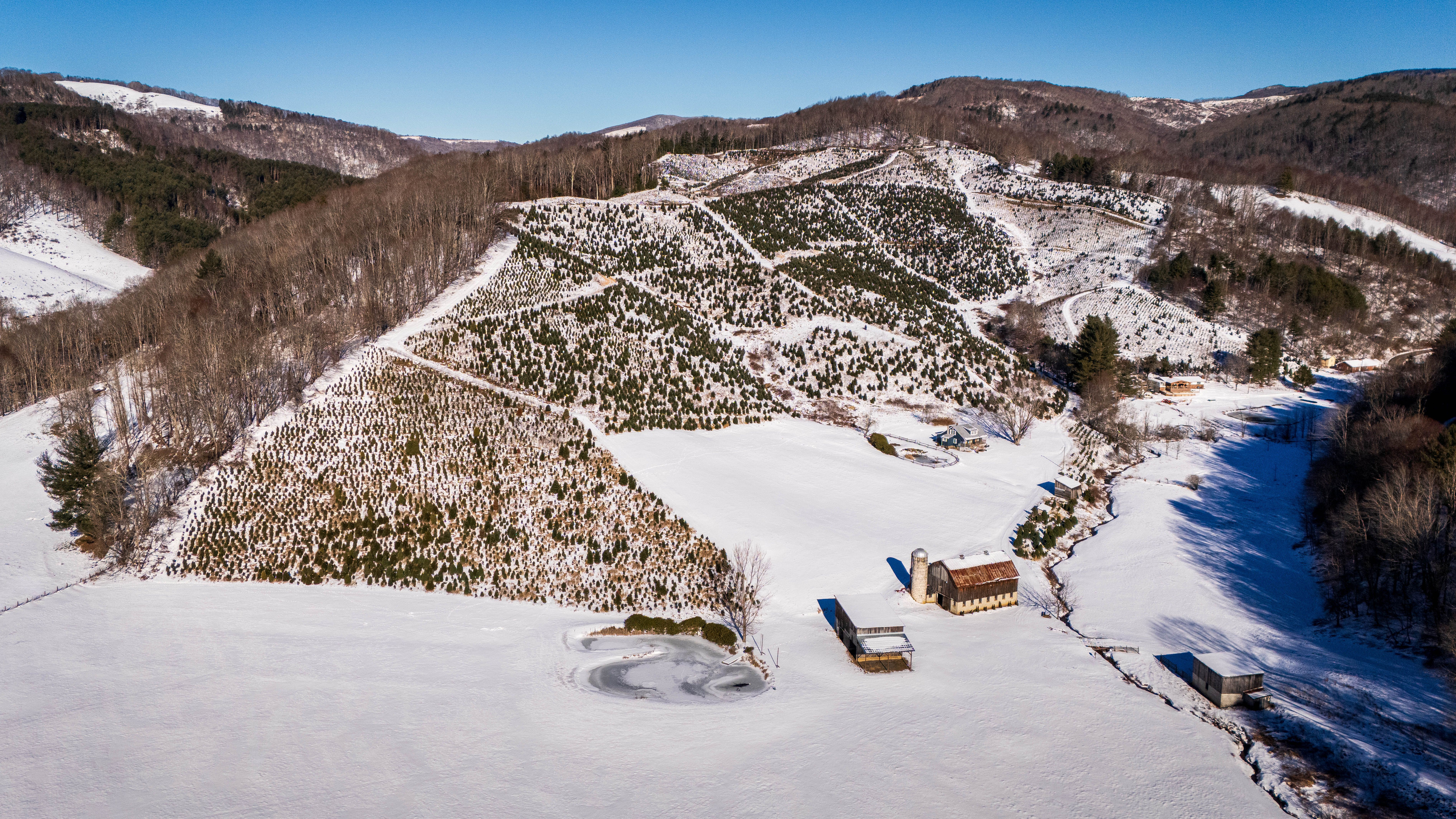 Aerial View of Snow-Covered Rural Landscape in Winter · Free Stock Photo