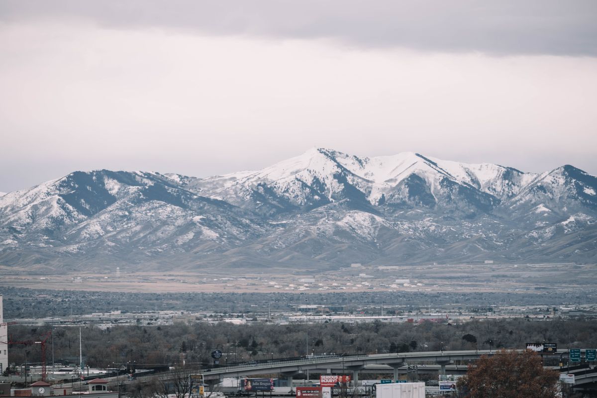 Snowy Wasatch peaks from valley