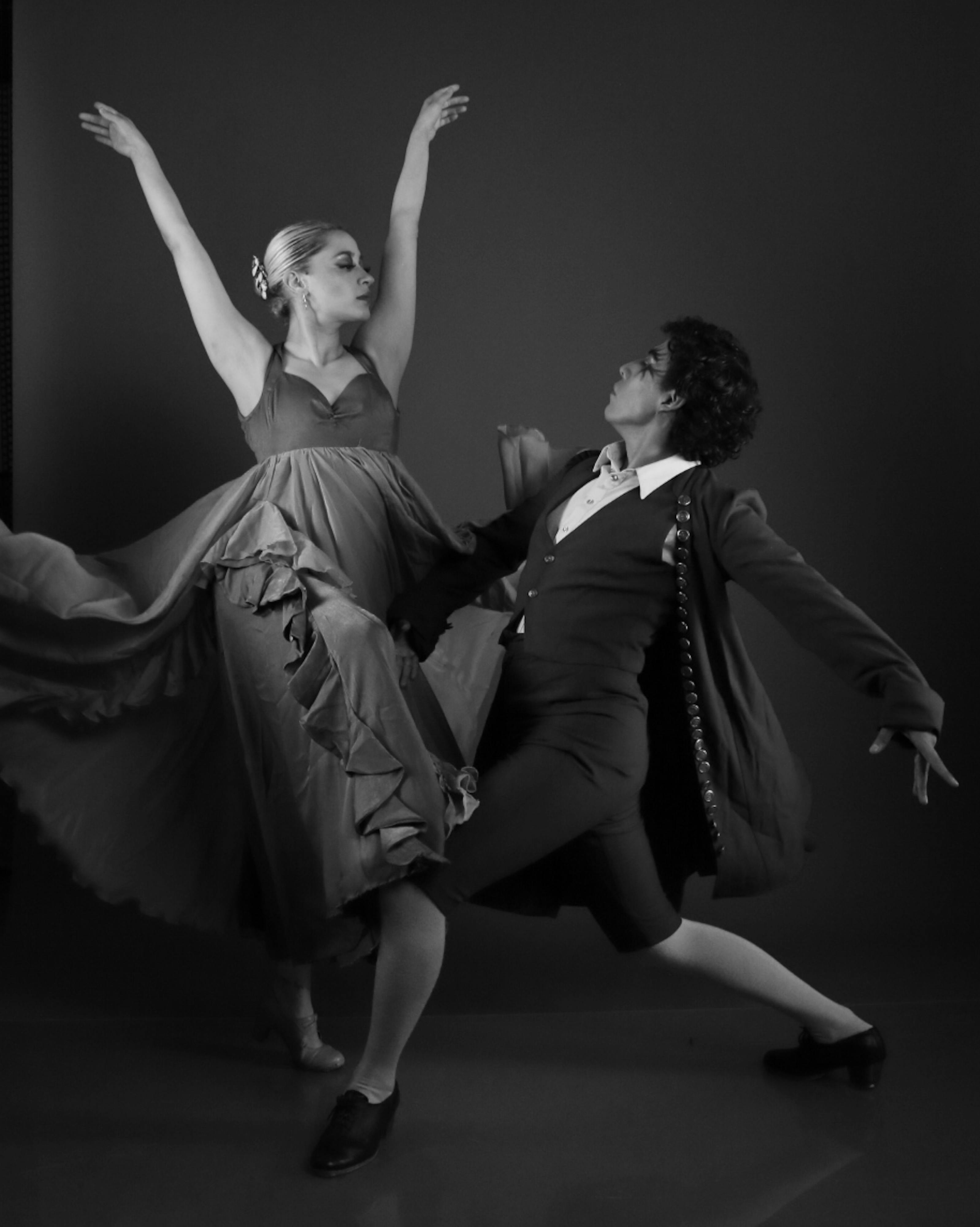 Free Elegant black and white image of a couple performing a dramatic ballet dance. Stock Photo