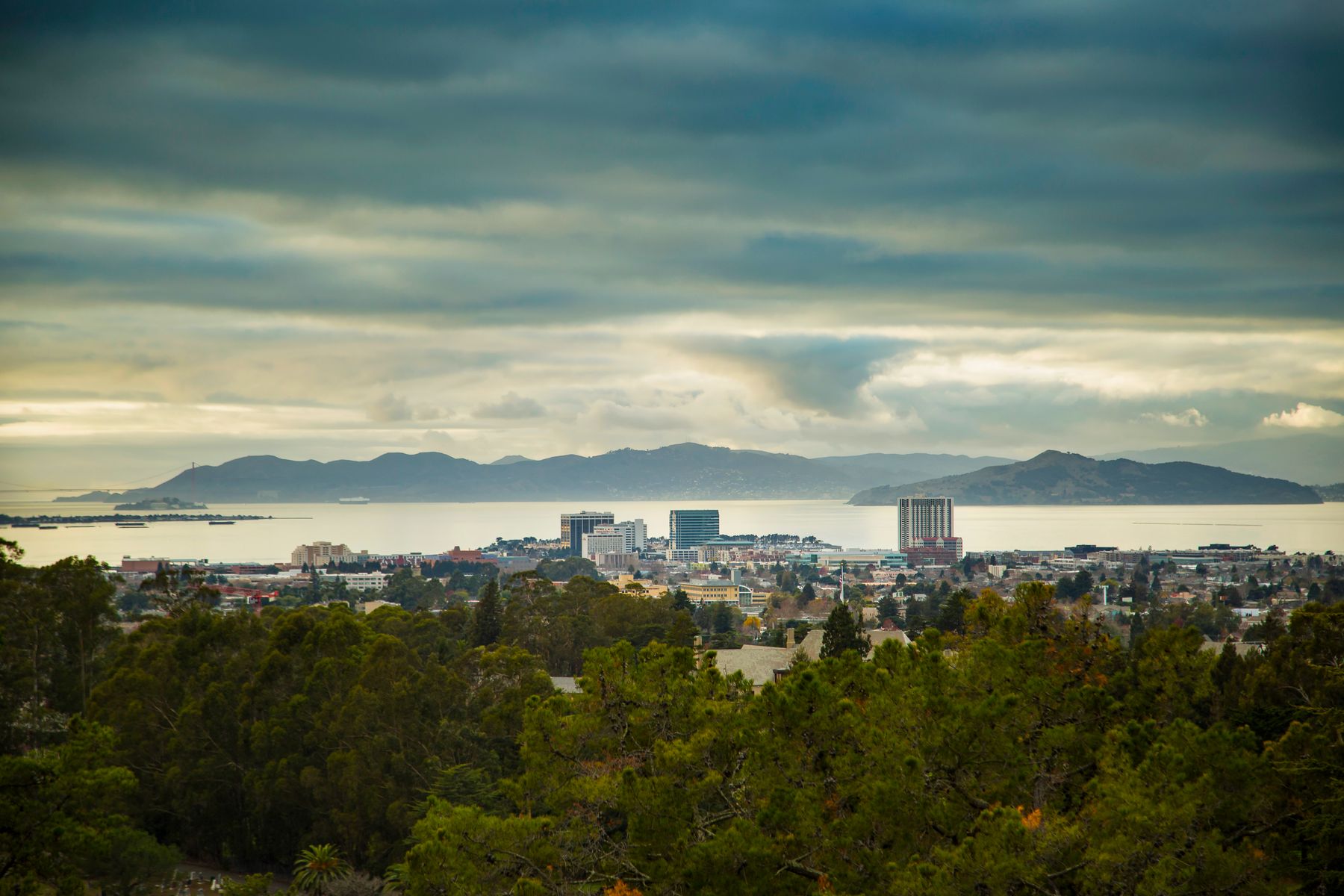 Oakland skyline with green hills and San Francisco Bay beyond