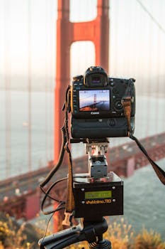 Professional camera setup capturing the iconic Golden Gate Bridge.