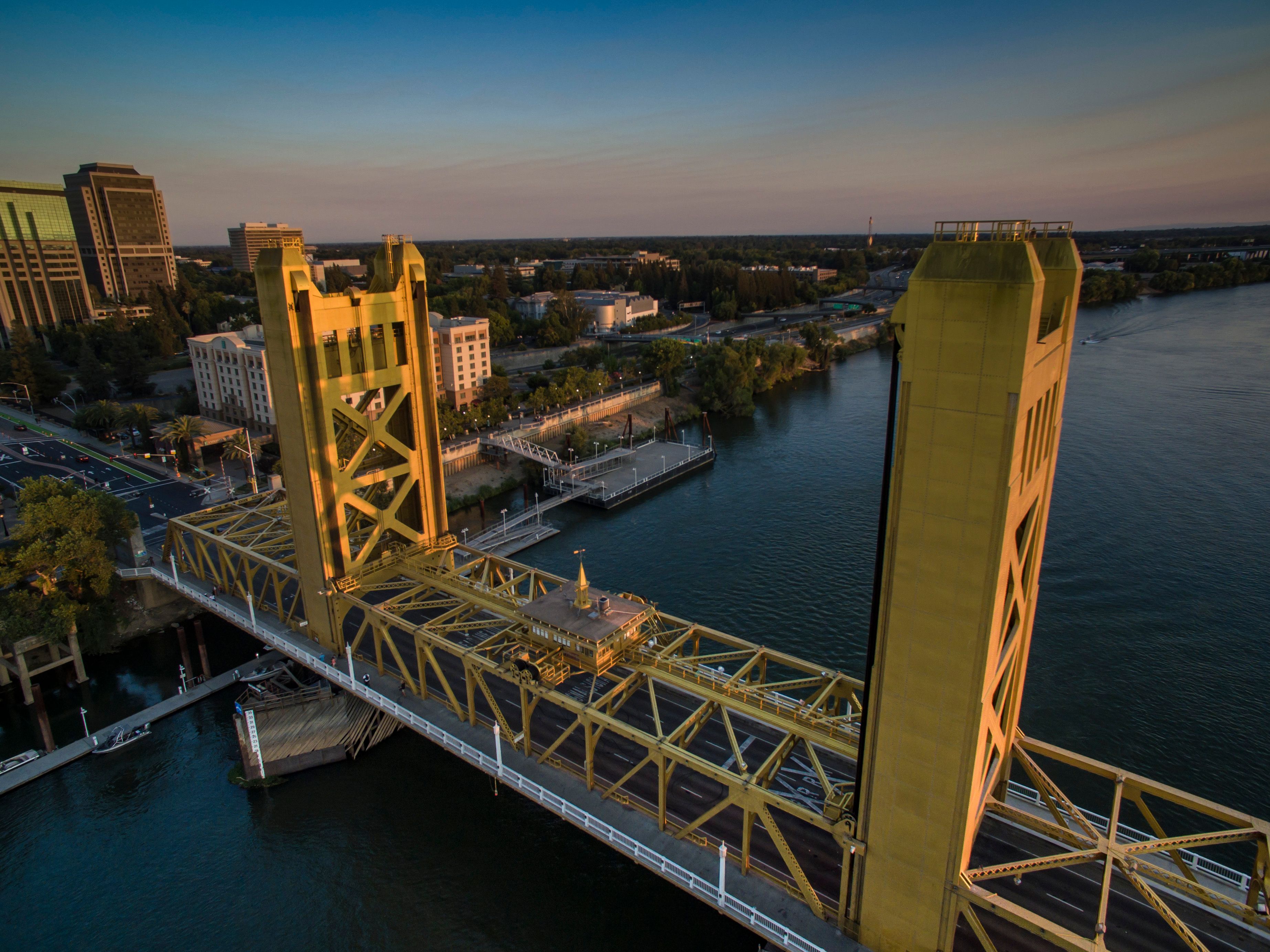 A stunning aerial view of the iconic Tower Bridge in Sacramento during sunset.