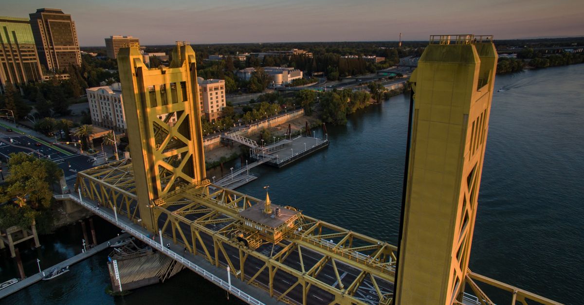 A stunning aerial view of the iconic Tower Bridge in Sacramento during sunset.